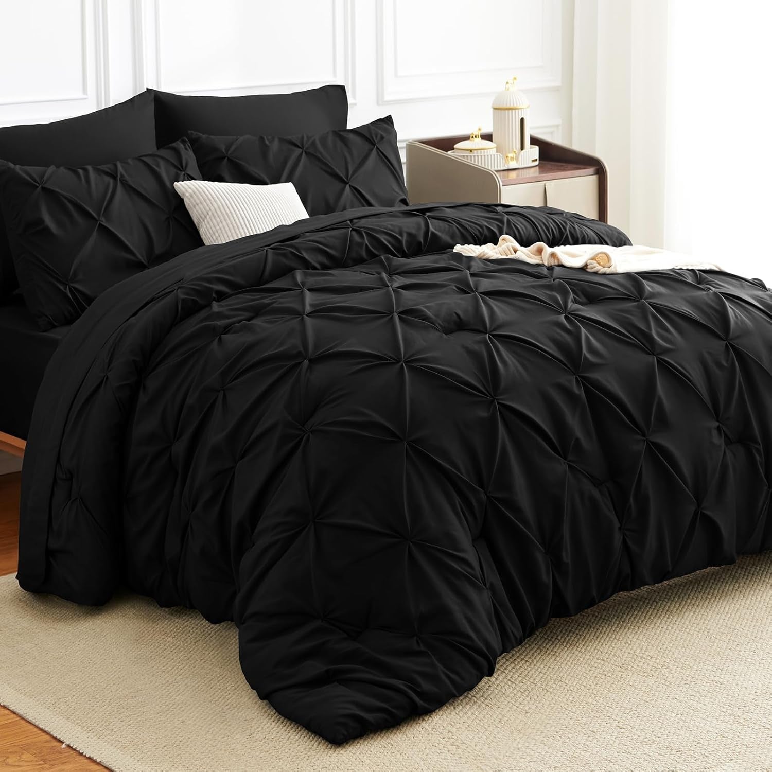Pintuck Bed in a Bag, 7 Pieces King Size Comforter Set Black, Luxury Pinch Pleat Bed in a Bag, Soft All Season Bedding Sets with Comforter, Flat Sheet, Fitted Sheet and Pillowcases & Shams