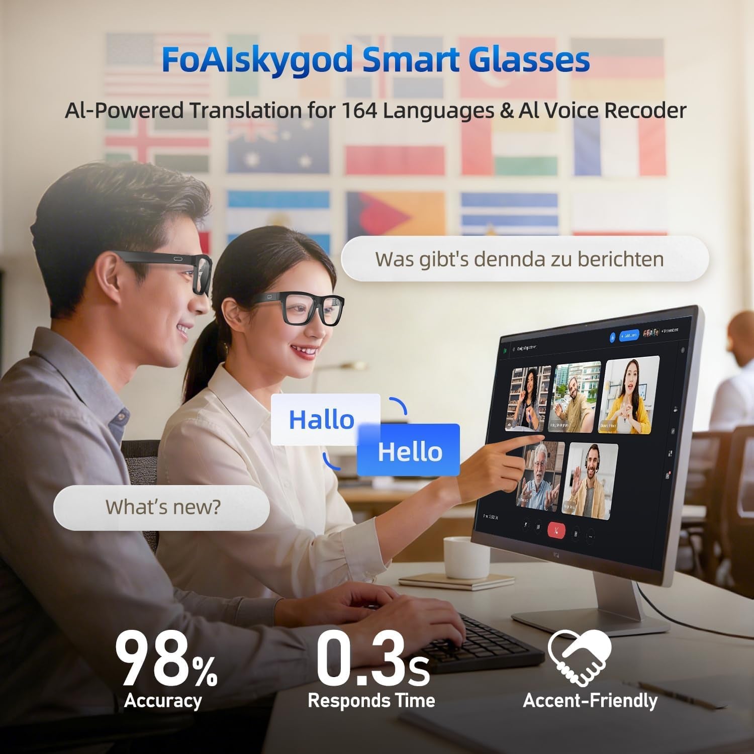 Smart Glasses for Men and Women, with Chat GPT, AI Bluetooth Translation Glasses with 164 Languages, & Blue Lens&Color Change Lens&Black Lens, UV 400 Protection for Daily Use, Travel
