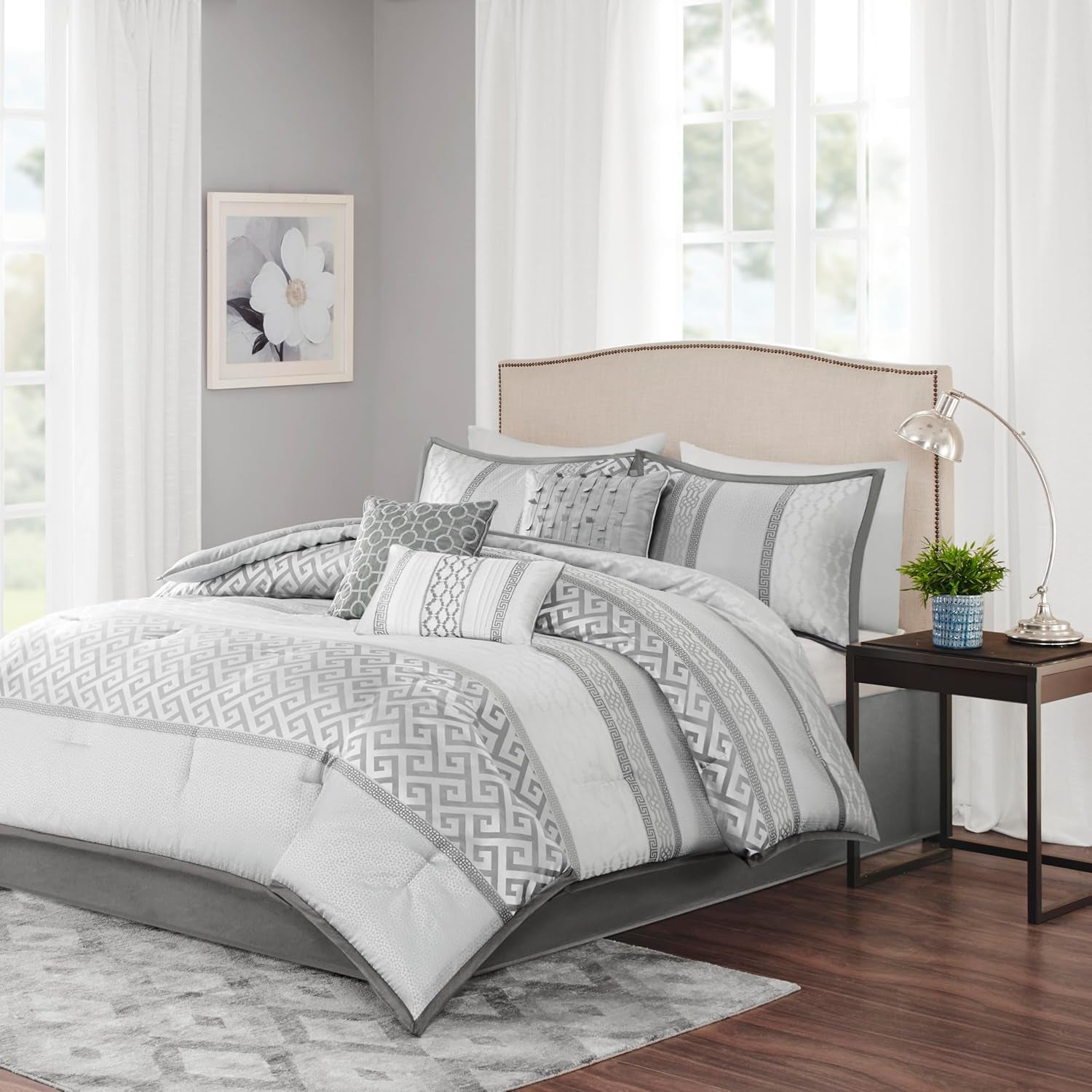 Madison Park Luxury Comforter Set-Traditional Jacquard Design All Season down Alternative Bedding, Matching Bedskirt, Decorative Pillows, Queen(90"X90"), Bennett, Geometric Grey 7 Piece