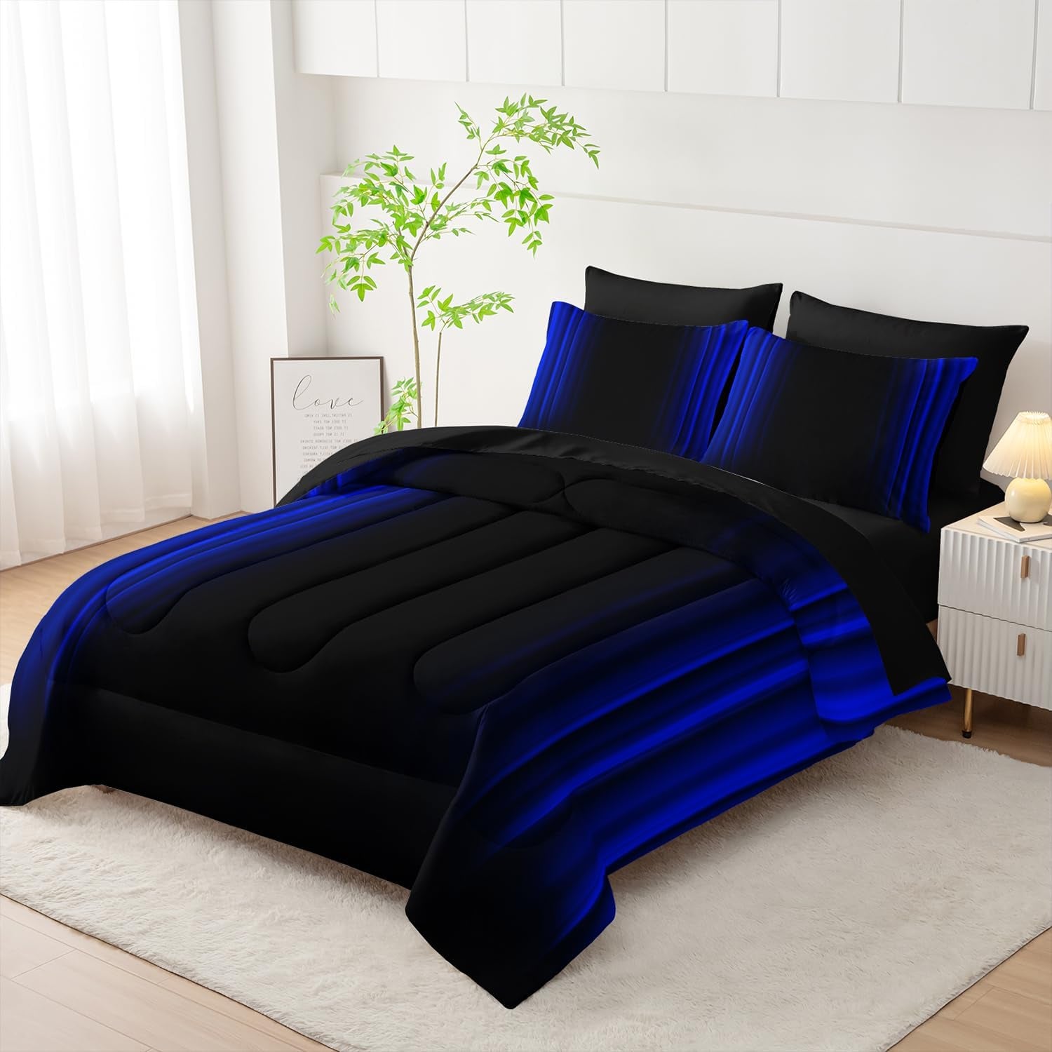 Nttopship Blue and Black Bedding Set Full Size Abstract Ombre Comforter Set Bedding Set 7 Piece in a Bag,Dark Quilt Set Mordern Art Decor All Seasons with Pillowcases,Flat, Fitted Sheet