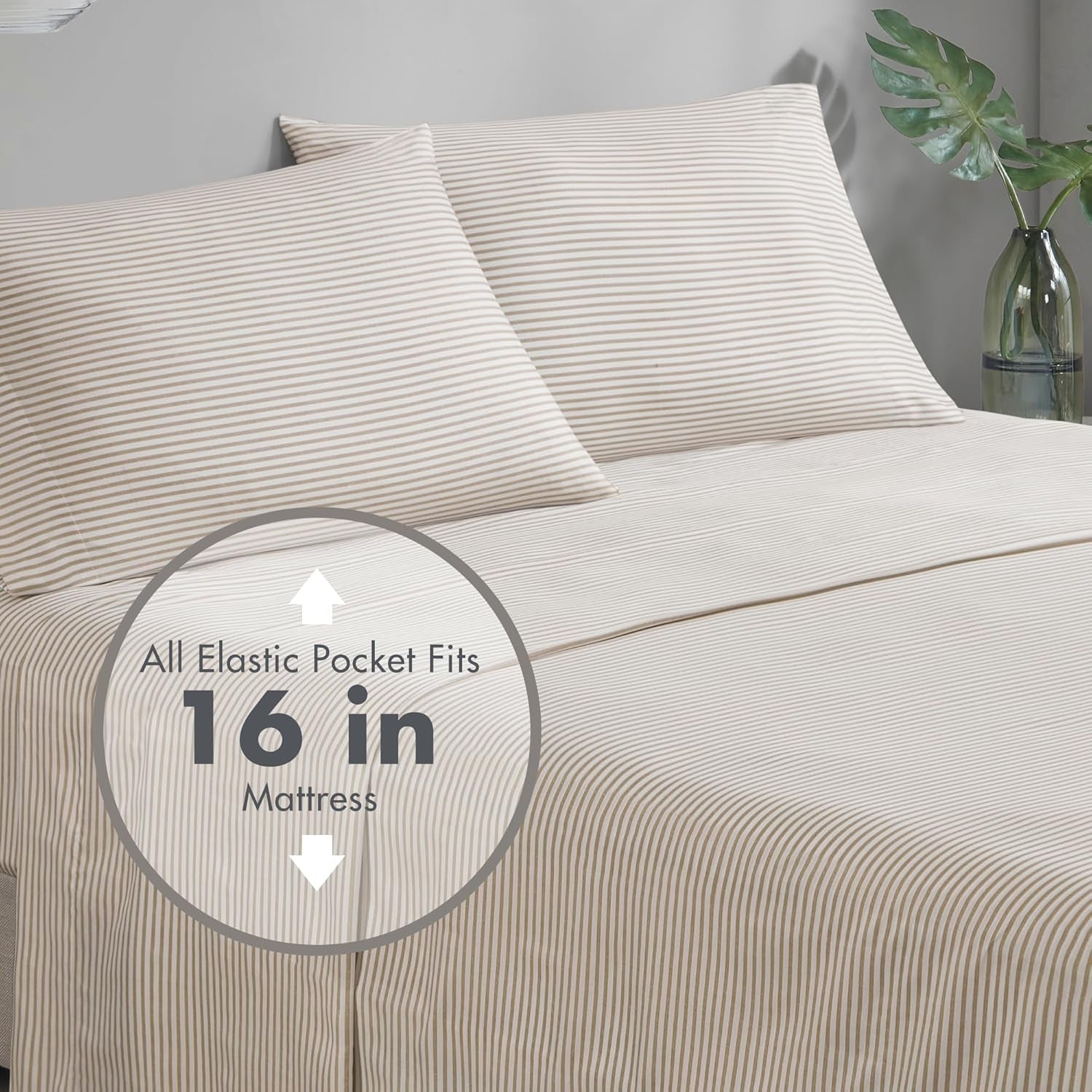 Madison Park Essentials Queen Comforter Set, Bed in a Bag Comforter & Sheet Set, Modern Casual Stripes Print, All Seasons, Soft Microfiber Bedding Makeover, Matching Shams, Queen Taupe/Grey 7 Piece