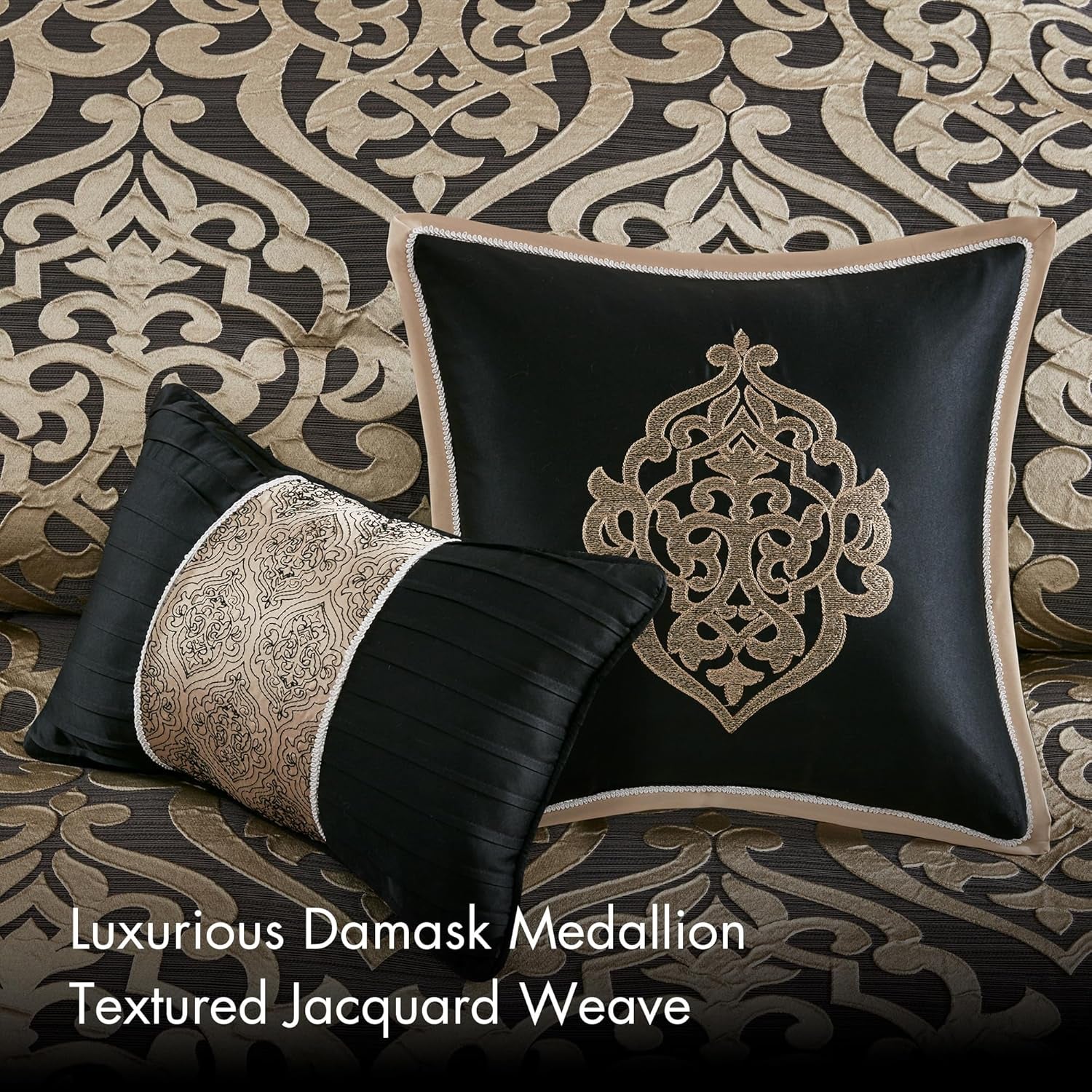 Madison Park Queen Comforter Set Damask Medallion Jacquard Comforters Queen Size Bed, Overfilled All Season Queen Bed Set, Bed Skirt, Shams, Decor Pillows, Odette, Queen(90 in X 90 In), Black 8 Piece