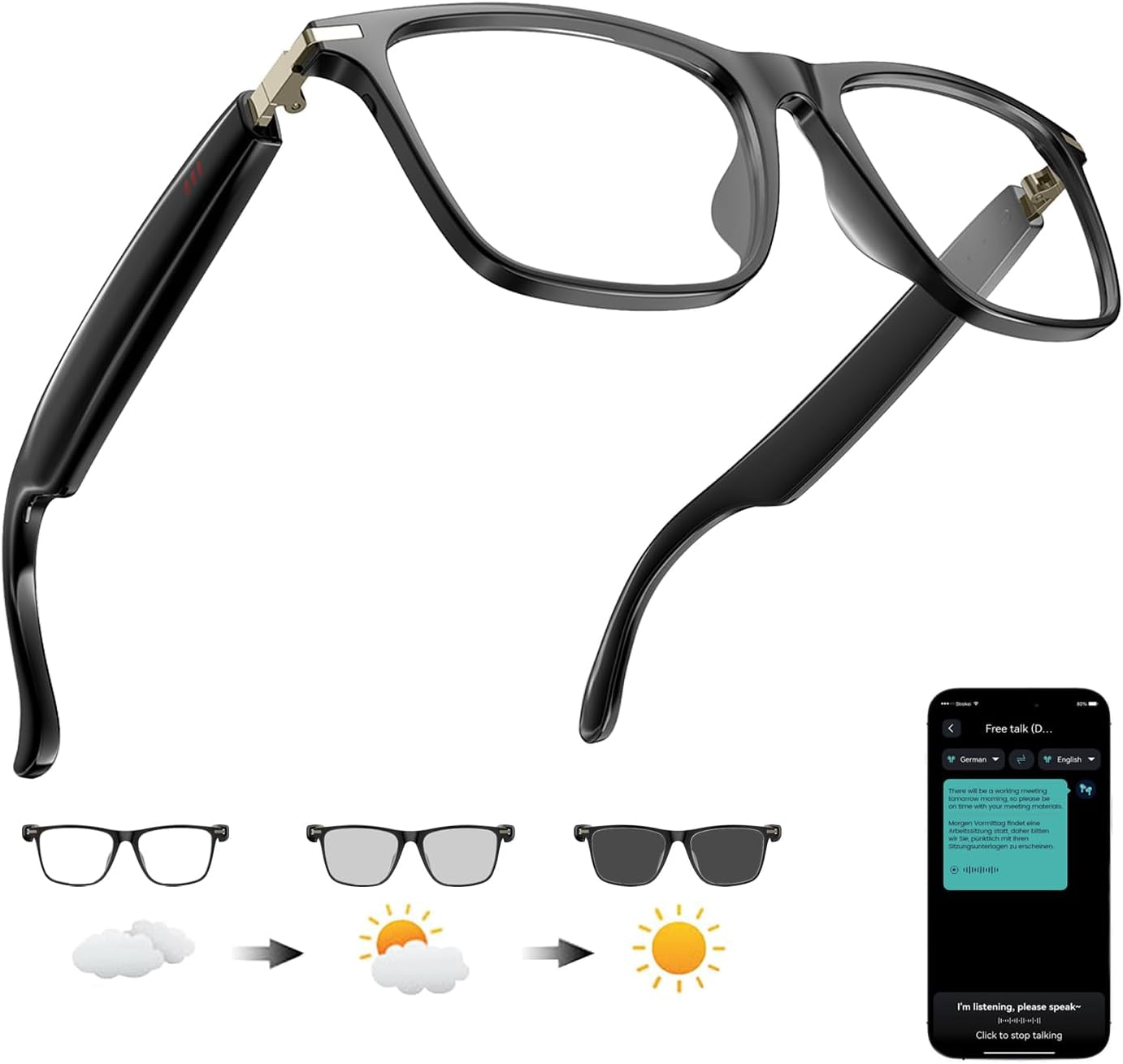 Ai Translation Smart Glasses with Chat GPT Bluetooth for Men Women with 164 Language Color-Change Lens Clear Headphone with Speaker Sunglasses, Travel Meeting Trade Business