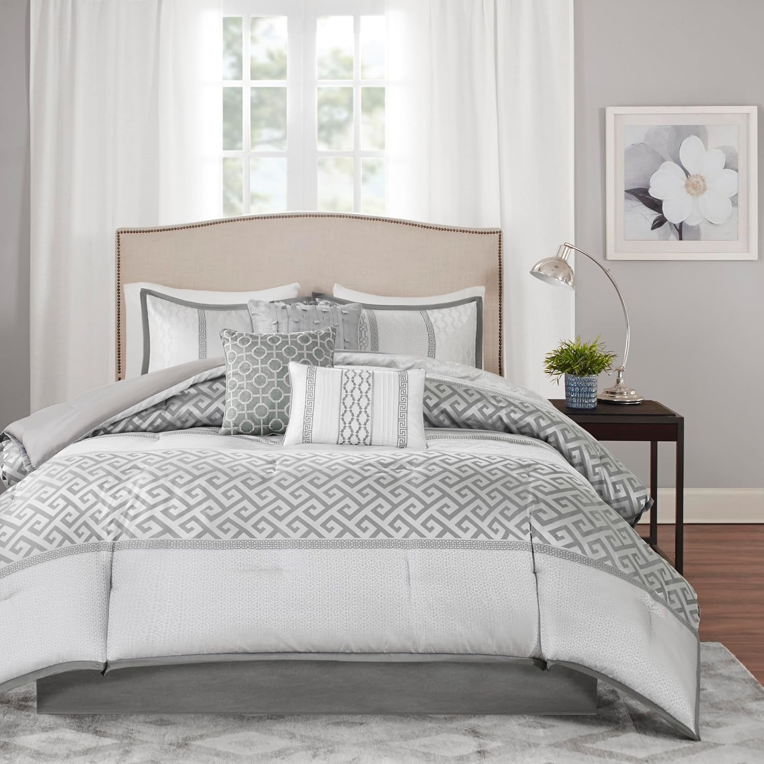 Madison Park Luxury Comforter Set-Traditional Jacquard Design All Season down Alternative Bedding, Matching Bedskirt, Decorative Pillows, Queen(90"X90"), Bennett, Geometric Grey 7 Piece