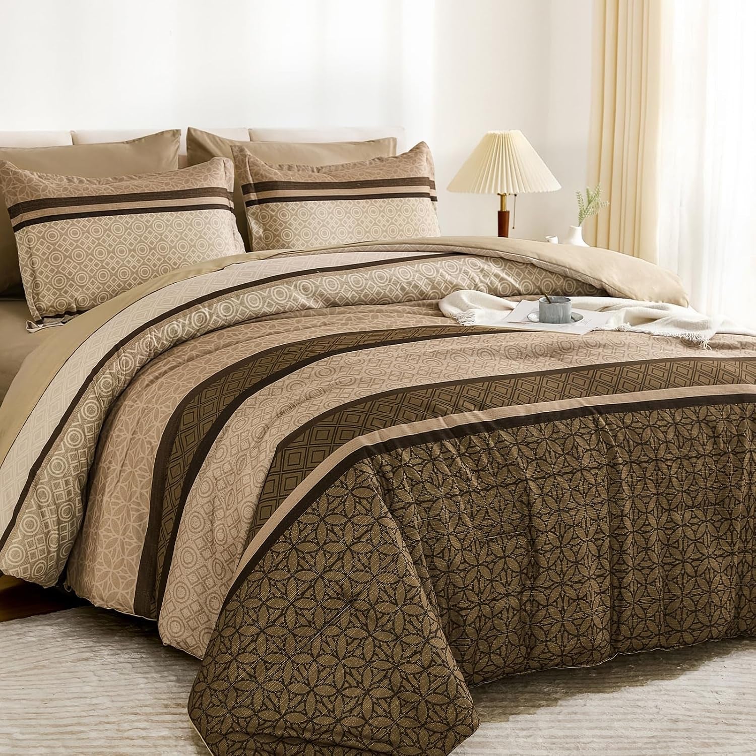 WONGS BEDDING 7 Pieces Comforter Set Queen Size, Brown Striped Bed in a Bag Comforter and Sheet Set, Minimalist Geometric Soft Lightweight Micorfiber Bedding Set for All Season (90"×90")
