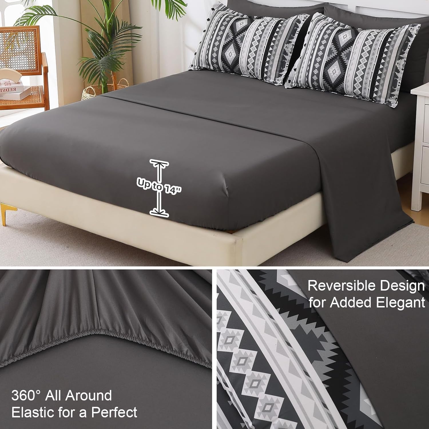 Dinjoy Dark Grey Boho Comforter Set Queen Size,7 Pieces Bed in a Bag Queen Warm Black Bedding Sets with Sheets Aztec Comforters Mens Striped Complete Set for Fall Winter 90"X90"