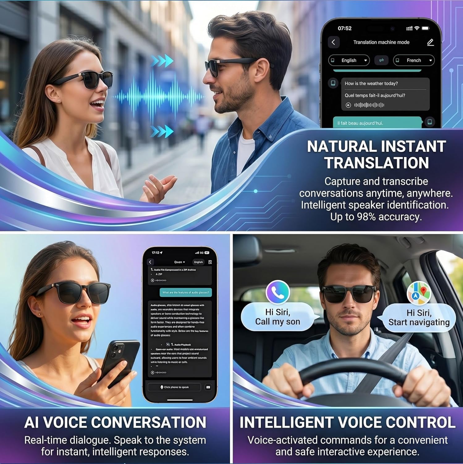 AI Smart Wireless Bluetooth Translation Glasses for Men/Women with Speakers/Bluetooth&140+ Languages Translation Sports/Travel/Drive/Busniess (C3+Ai+Color Change Lenses+Black)