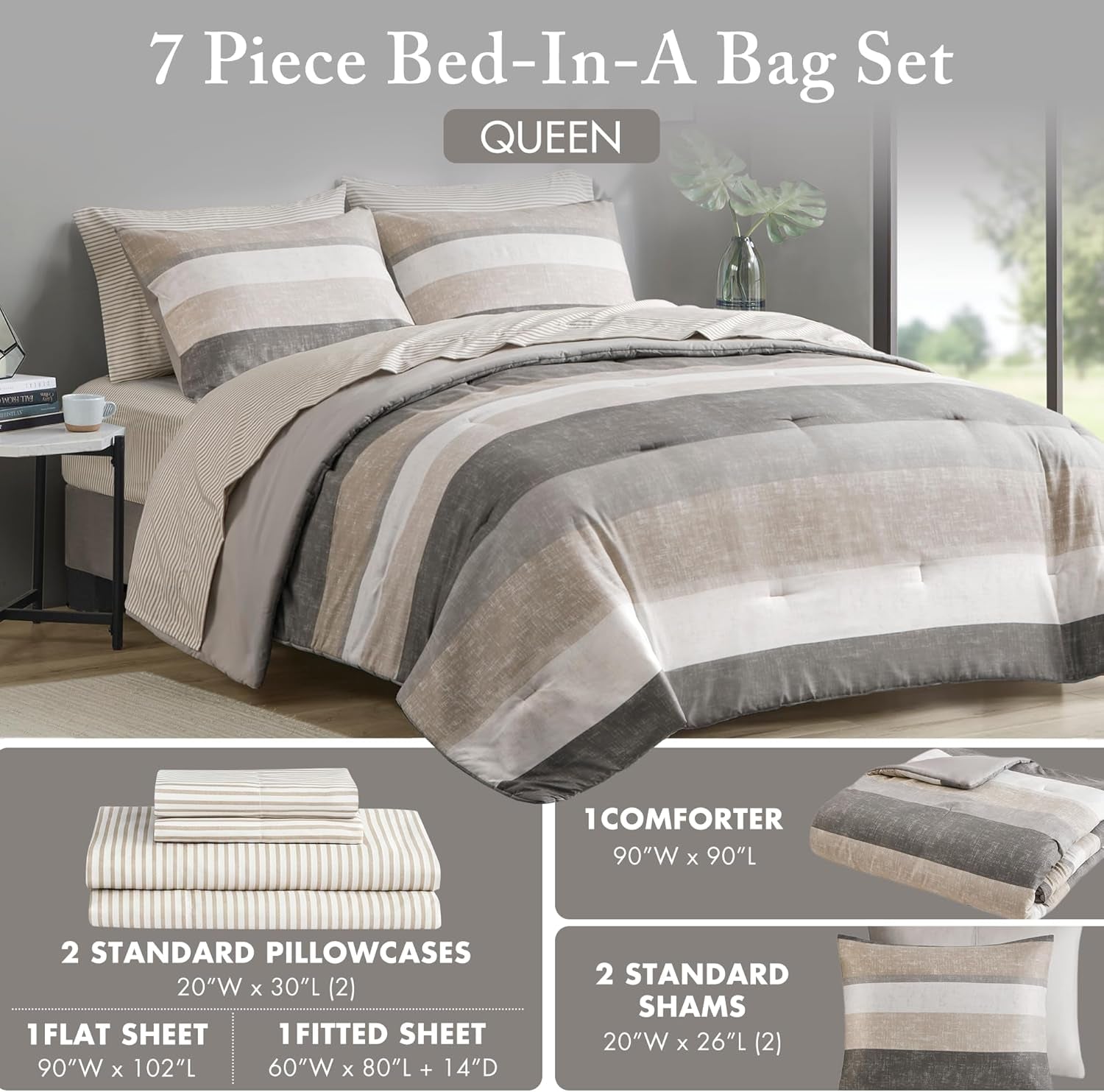 Madison Park Essentials Queen Comforter Set, Bed in a Bag Comforter & Sheet Set, Modern Casual Stripes Print, All Seasons, Soft Microfiber Bedding Makeover, Matching Shams, Queen Taupe/Grey 7 Piece