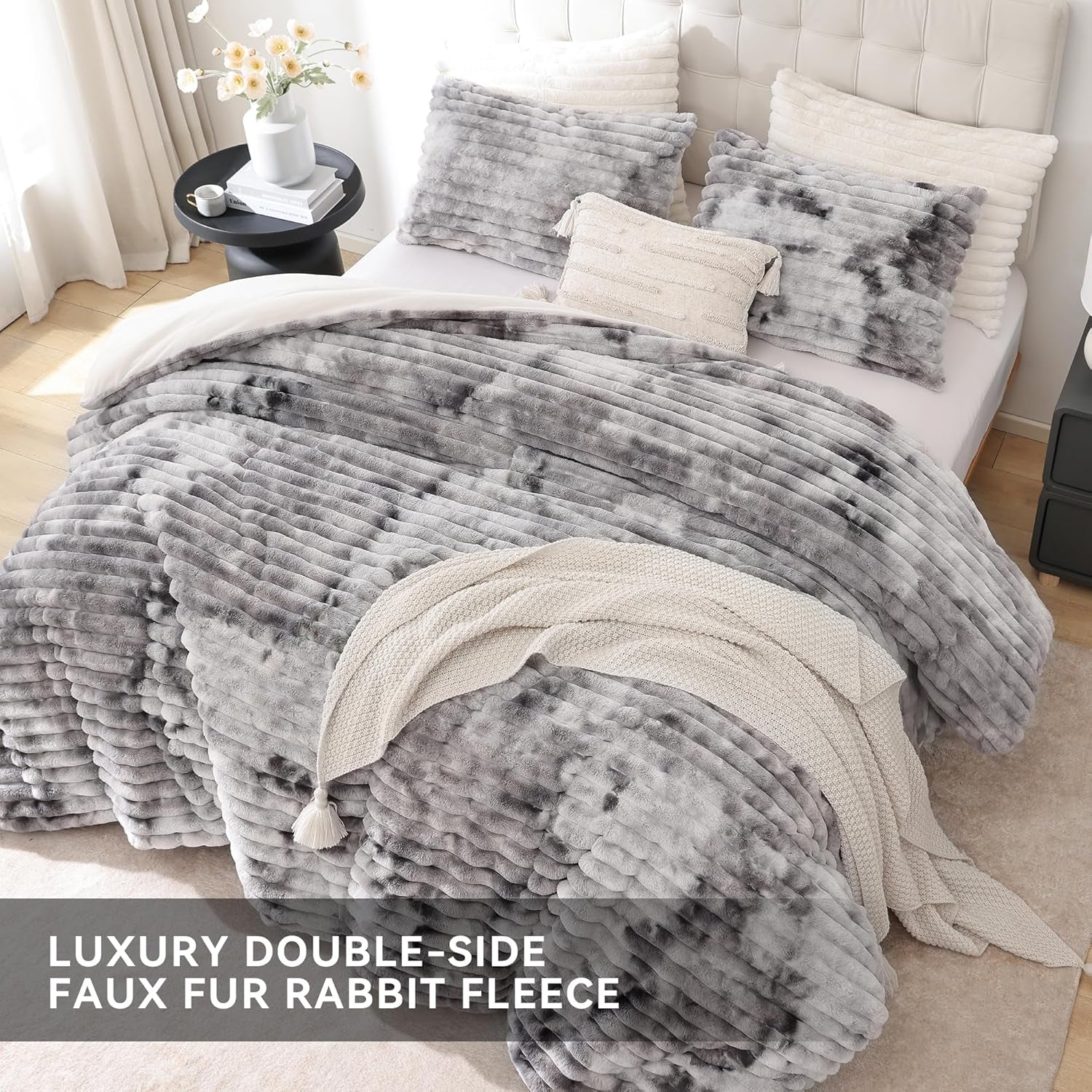 Smoofy Fluffy King Size Comforter Set 3 Pieces - Tie-Dye Grey Fleece Fluffy Comforter Set, Luxury Fuzzy King Bedding Set, Soft King Bed Set All Season, Heavy Faux Fur Comforter with 2 Pillow Cases