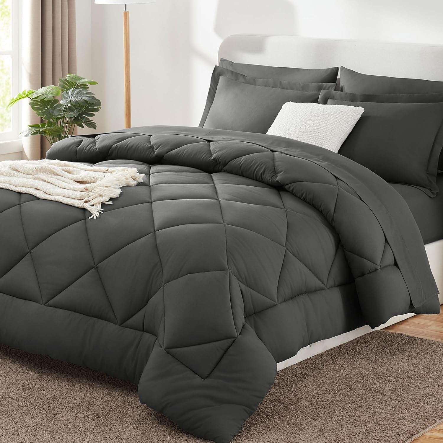 Cozylux Queen Comforter Set Dark Grey - Bed in a Bag Queen Size 7 Pieces, Luxury Soft Bed Set for All Seasons, Bedding Set with Comforter, Sheets, Pillowcases & Shams, Dark Gray, Queen