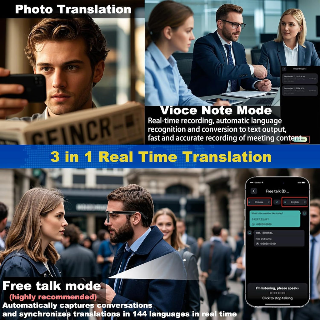 Ai Translation Smart Glasses with Chat GPT Bluetooth for Men Women with 164 Language Color-Change Lens Clear Headphone with Speaker Sunglasses, Travel Meeting Trade Business