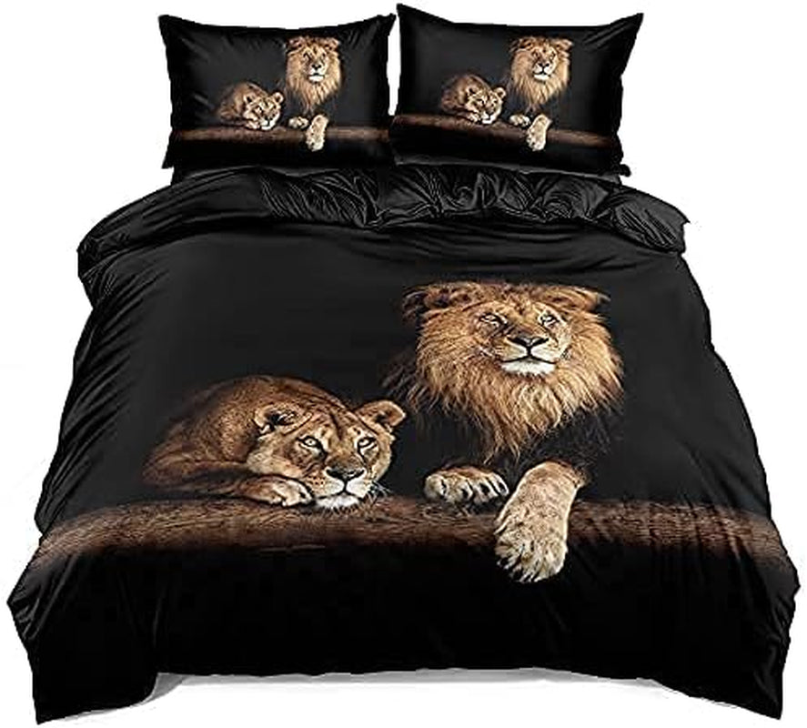 Lion Duvet/Quilt Cover Sets Black Linens Bed Pillow Shams King Queen Twin Full Size Boys Kids Animal Bed Set Home Textile (Queen, 004)