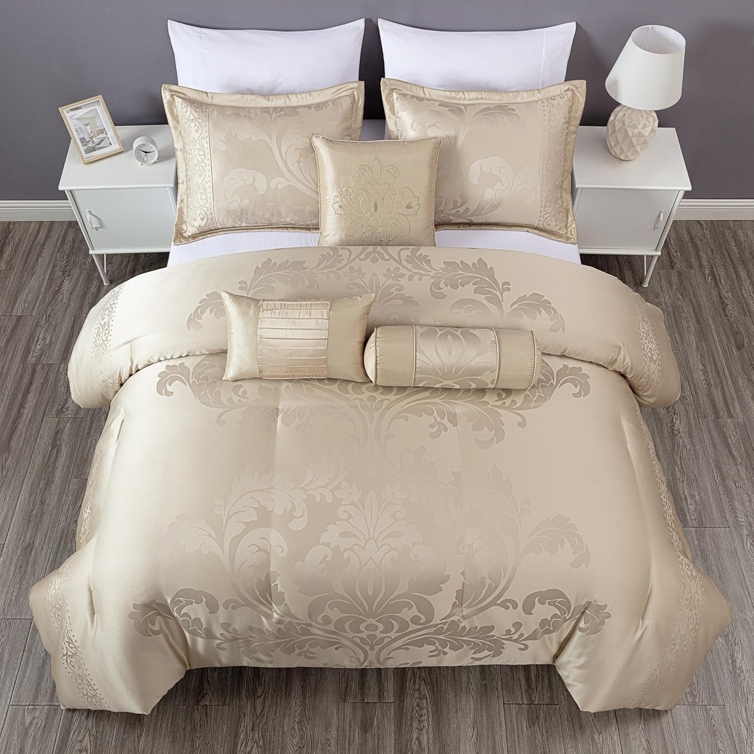 Chezmoi Collection Royale 7-Piece Jacquard Floral Comforter Set, King, Champagne
