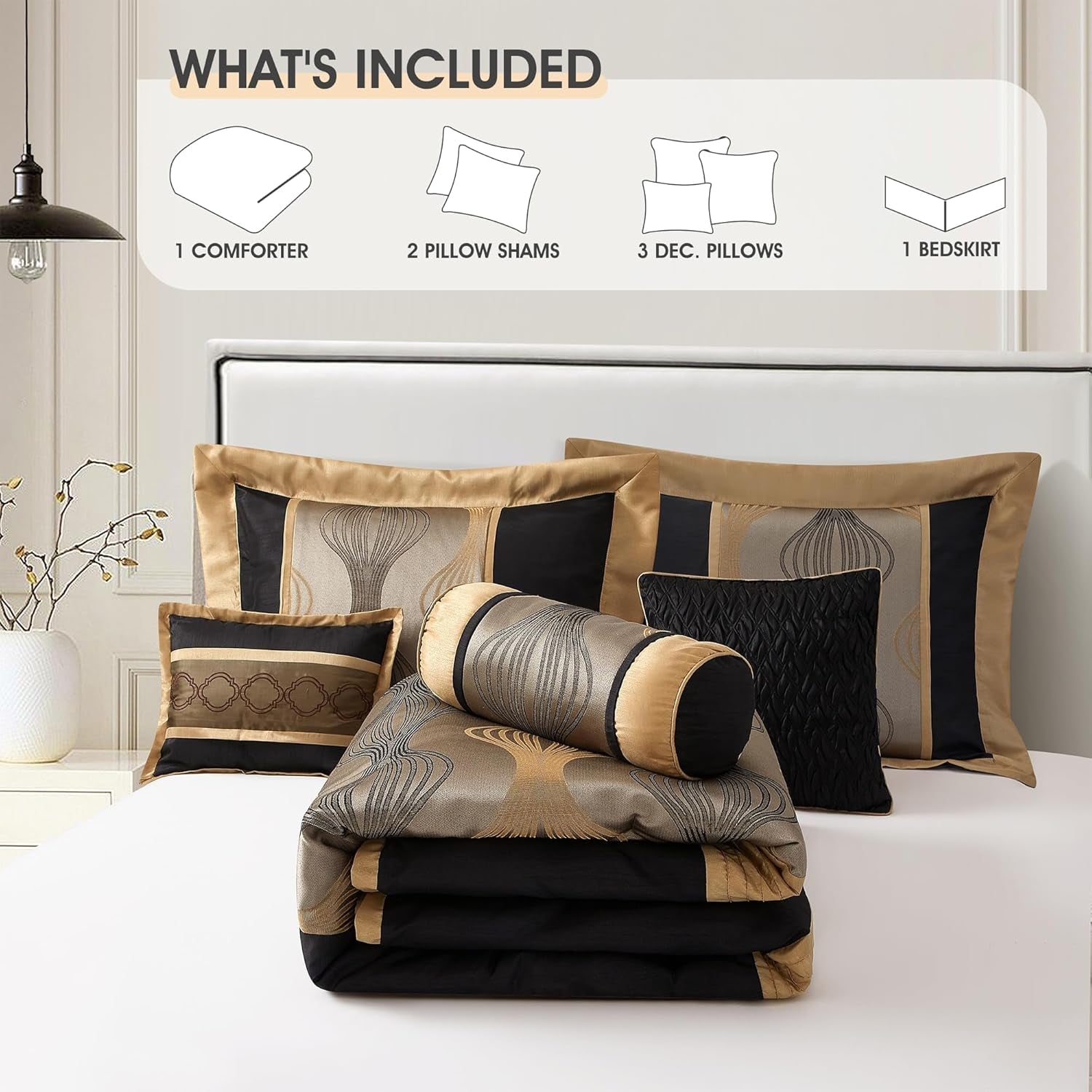 LANCO MODERN LIFESTYLE King Comforter Set, Black Gold, 7 Pieces Bed in a Bag, Ultra Soft Jacquard with Solid Piecework, Luxury Bed Set with Comforters, Bed Skirt, Pillow Shams and Decorative Pillows