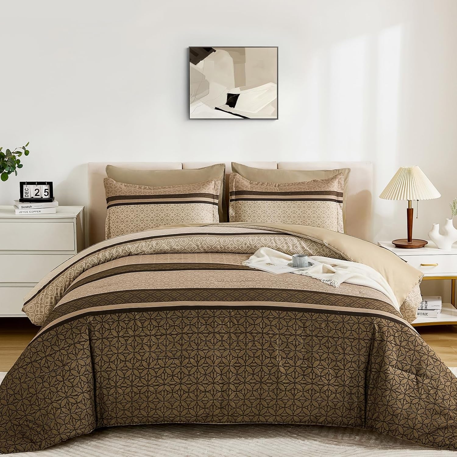 WONGS BEDDING 7 Pieces Comforter Set Queen Size, Brown Striped Bed in a Bag Comforter and Sheet Set, Minimalist Geometric Soft Lightweight Micorfiber Bedding Set for All Season (90"×90")