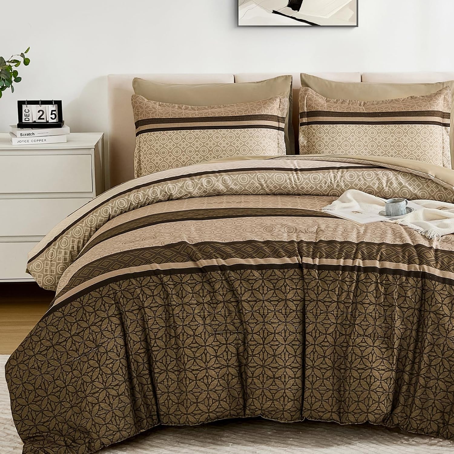 WONGS BEDDING 7 Pieces Comforter Set Queen Size, Brown Striped Bed in a Bag Comforter and Sheet Set, Minimalist Geometric Soft Lightweight Micorfiber Bedding Set for All Season (90"×90")