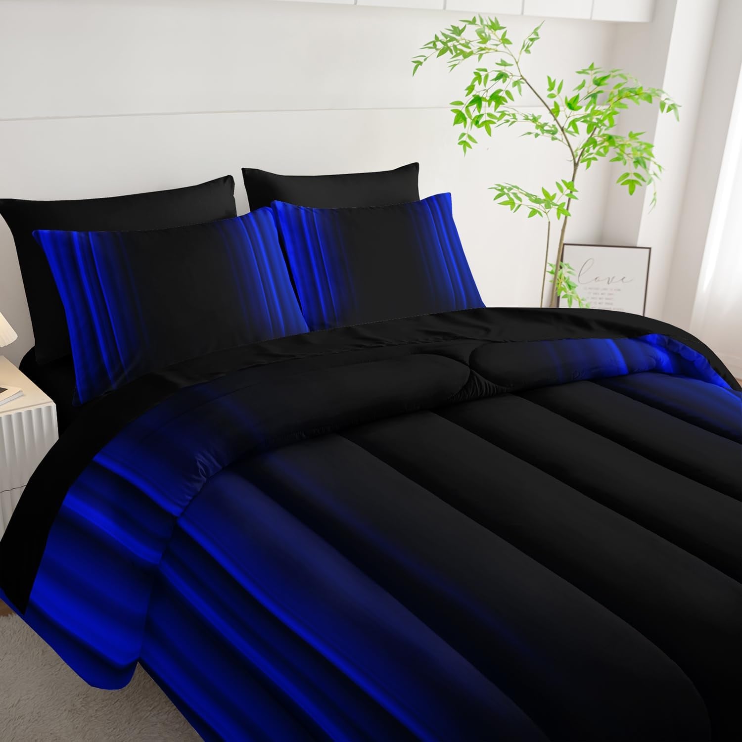 Nttopship Blue and Black Bedding Set Full Size Abstract Ombre Comforter Set Bedding Set 7 Piece in a Bag,Dark Quilt Set Mordern Art Decor All Seasons with Pillowcases,Flat, Fitted Sheet