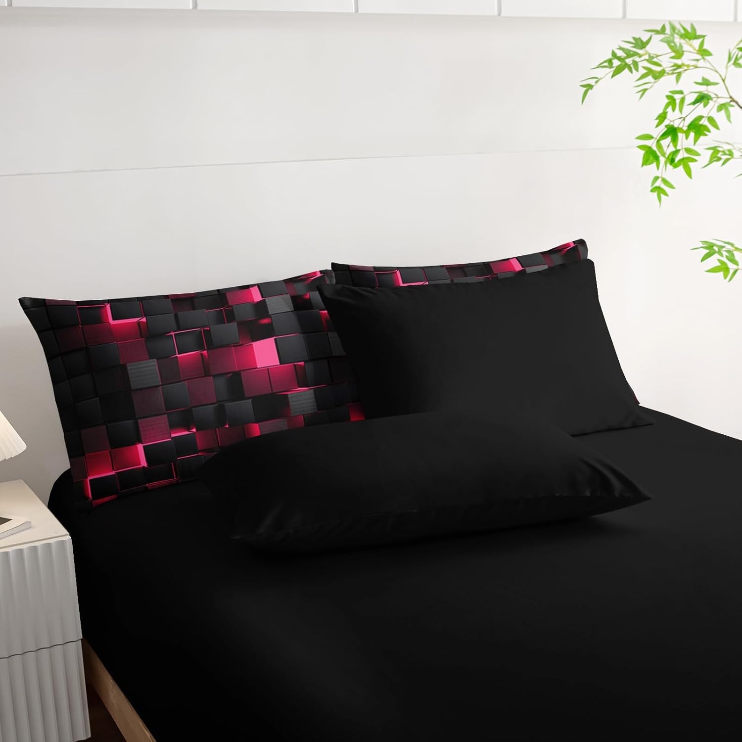 Nttopship Geometric Pink Black King Comforter Set,Light Honeycomb Bedding Set 7 Piece in a Bag,Bed Sheet Set Geometry Decor,Microfiber Lightweight All Season