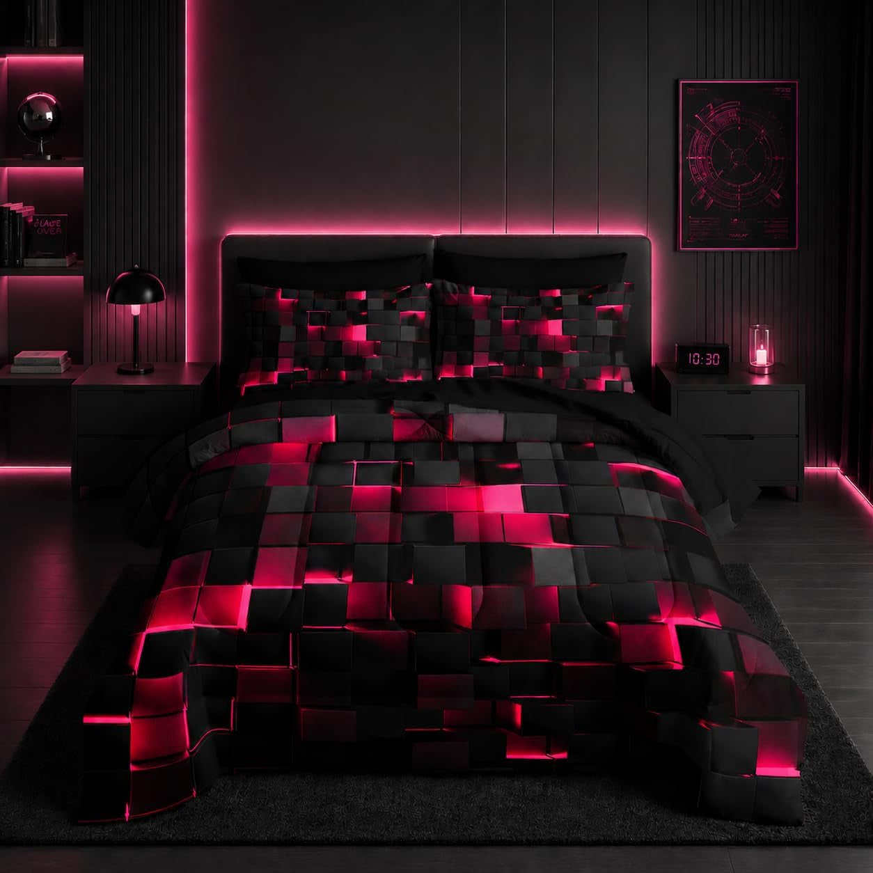 Nttopship Geometric Pink Black King Comforter Set,Light Honeycomb Bedding Set 7 Piece in a Bag,Bed Sheet Set Geometry Decor,Microfiber Lightweight All Season