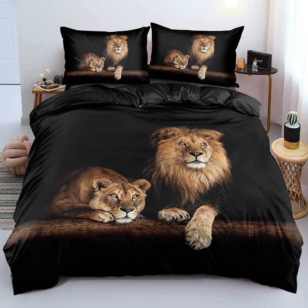 Lion Duvet/Quilt Cover Sets Black Linens Bed Pillow Shams King Queen Twin Full Size Boys Kids Animal Bed Set Home Textile (Queen, 004)