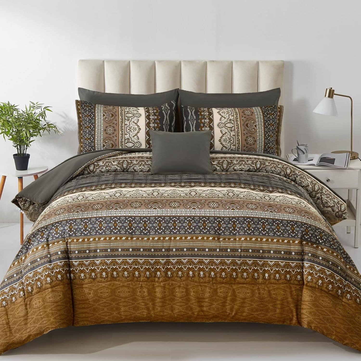 Cottolester Boho Queen Comforter Set 8 Pieces,Brown Black Bohemian Comforter Paisley Striped Bed in a Bag,Soft Microfiber Bedding Set for All Season