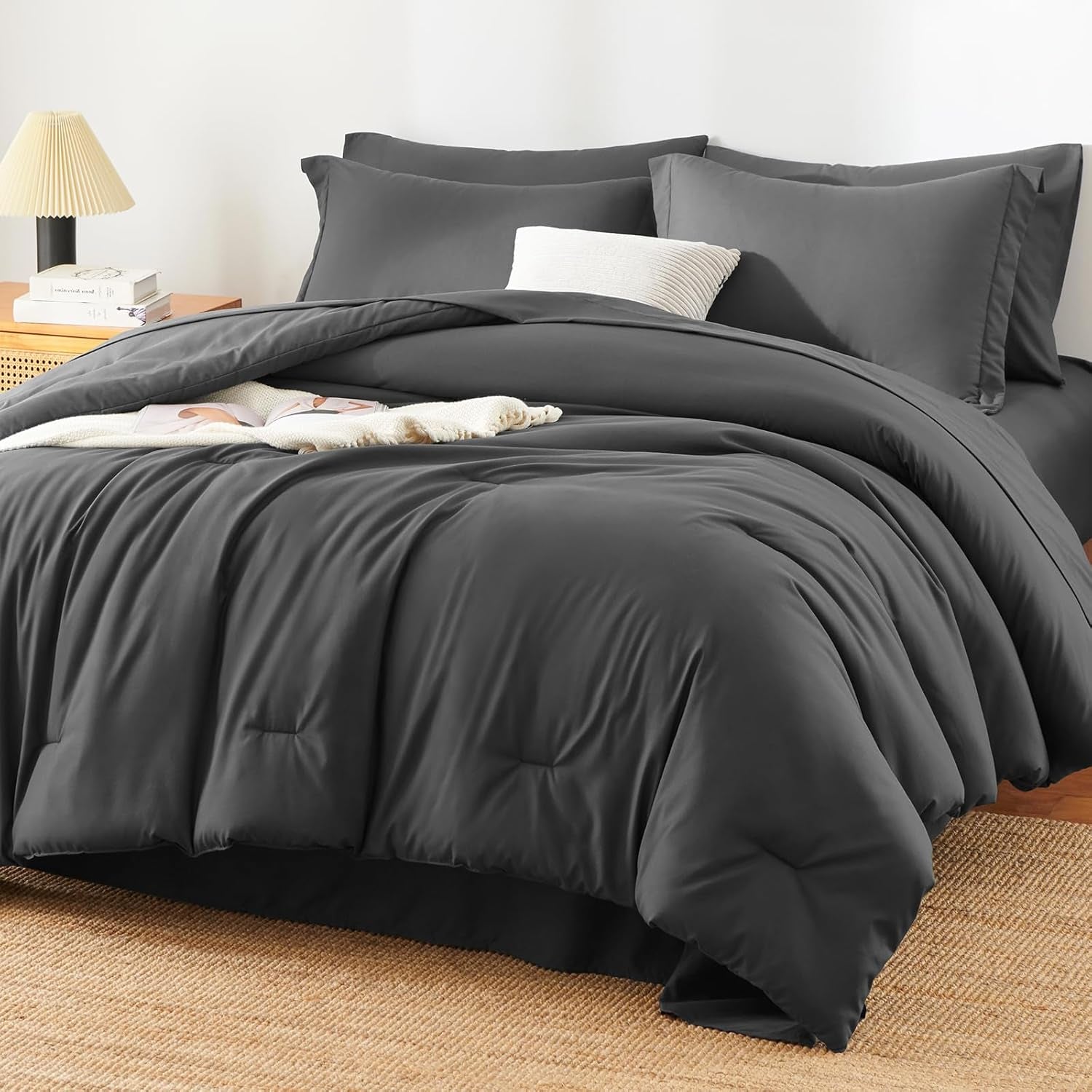 Queen Comforter Set - 7 Pieces Bed in a Bag Queen Size, Luxury Comforter Set with Sheets for All Season, Bed Set with Comforter, Flat Sheet, Fitted Sheet, Pillowcases & Shams, Dark Grey