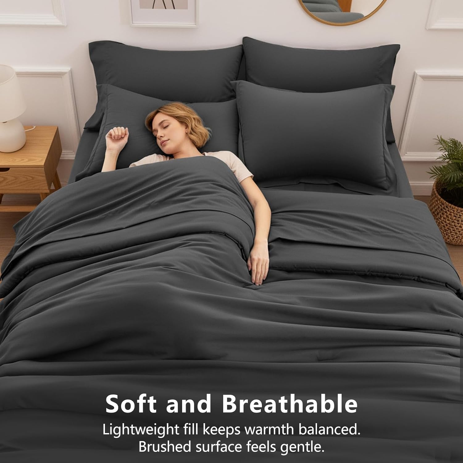 Queen Comforter Set - 7 Pieces Bed in a Bag Queen Size, Luxury Comforter Set with Sheets for All Season, Bed Set with Comforter, Flat Sheet, Fitted Sheet, Pillowcases & Shams, Dark Grey