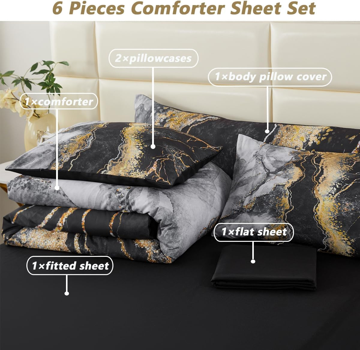 PERFEMET 6 PCS Bed in a Bag Black Watercolor Marble Printed Comforter Set for Queen Bed Burning Mountain Pattern Bedding Set with Sheets Retro Artwork Design Quilt Sets(Black, Queen)
