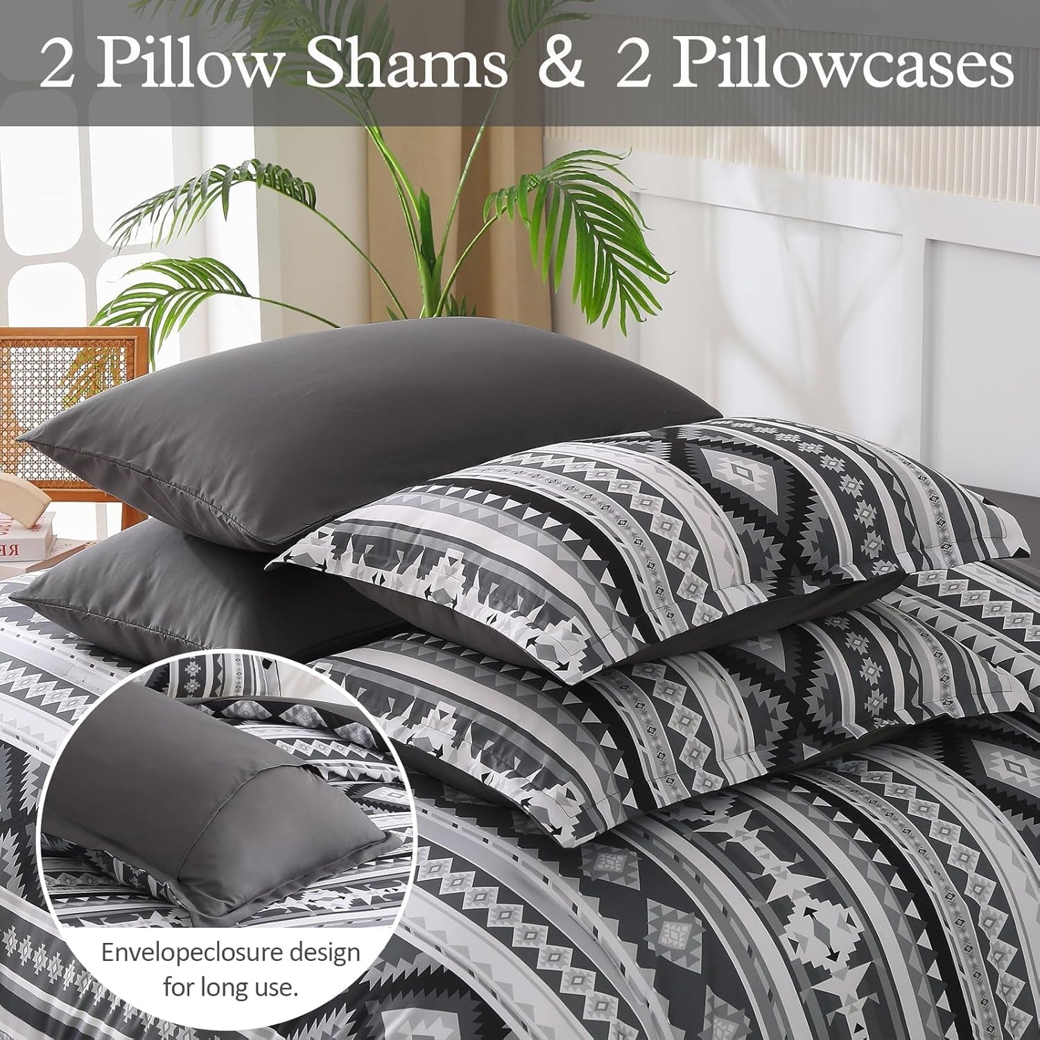 Dinjoy Dark Grey Boho Comforter Set Queen Size,7 Pieces Bed in a Bag Queen Warm Black Bedding Sets with Sheets Aztec Comforters Mens Striped Complete Set for Fall Winter 90"X90"