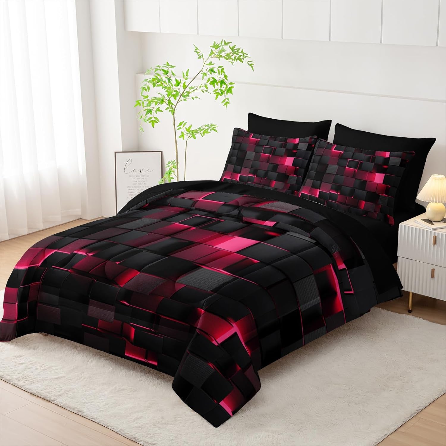 Nttopship Geometric Pink Black King Comforter Set,Light Honeycomb Bedding Set 7 Piece in a Bag,Bed Sheet Set Geometry Decor,Microfiber Lightweight All Season