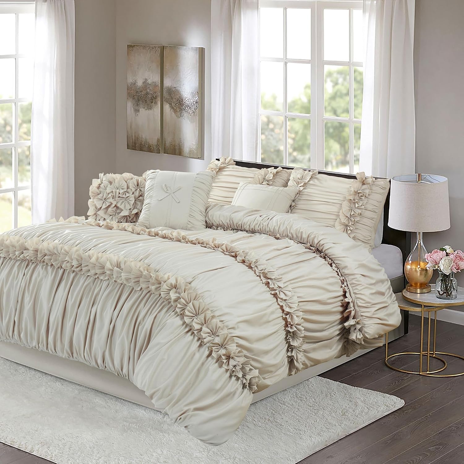 Homechoice Decor California King Size Comforter Set Camel, French Country Handmade Bow Tie, 7PC Bed in a Bag with down Alternative Comforter, Bed Skirt, Pillow Shams & Decorative Pillows (LQ-33)