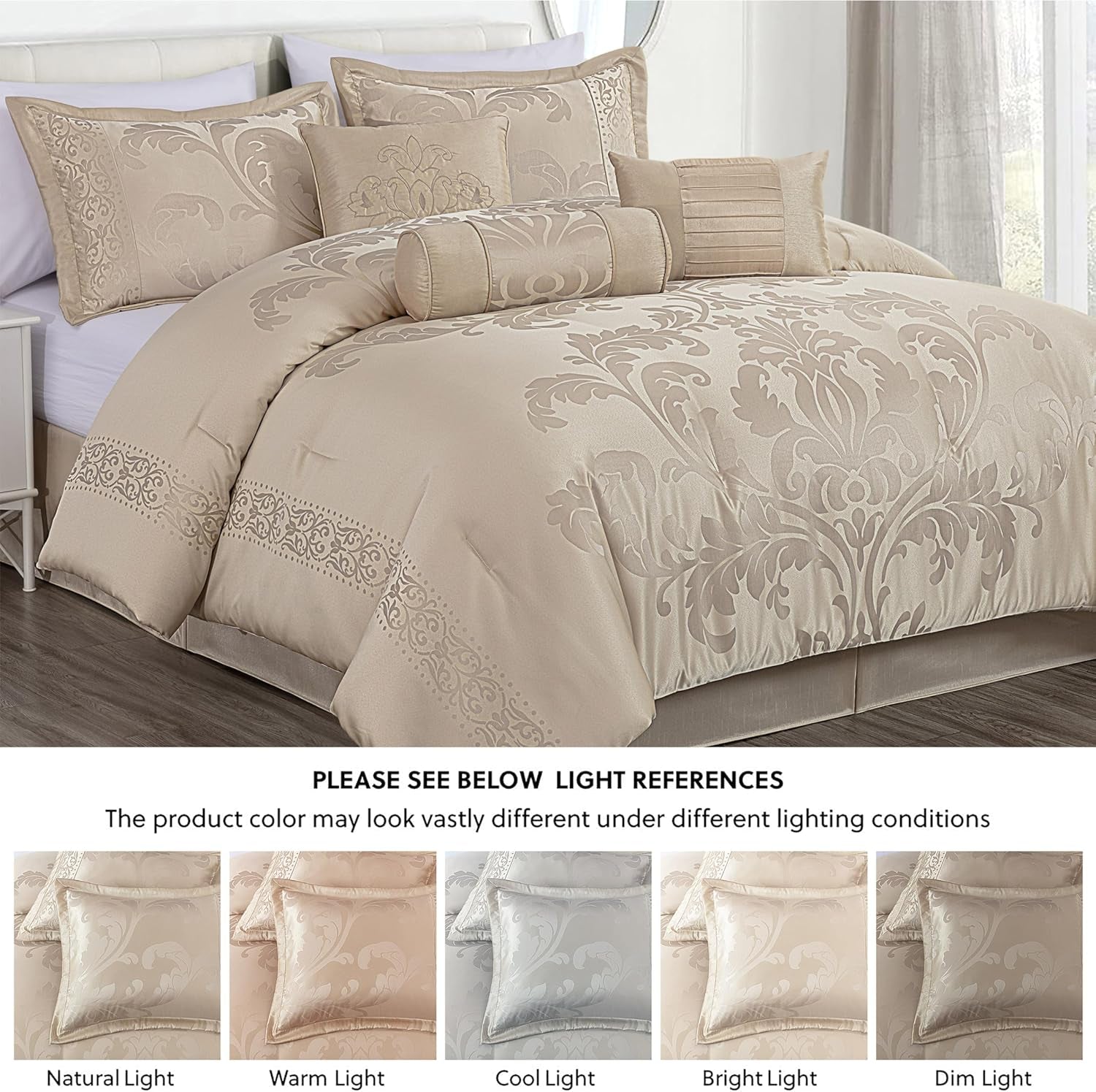 Chezmoi Collection Royale 7-Piece Jacquard Floral Comforter Set, King, Champagne