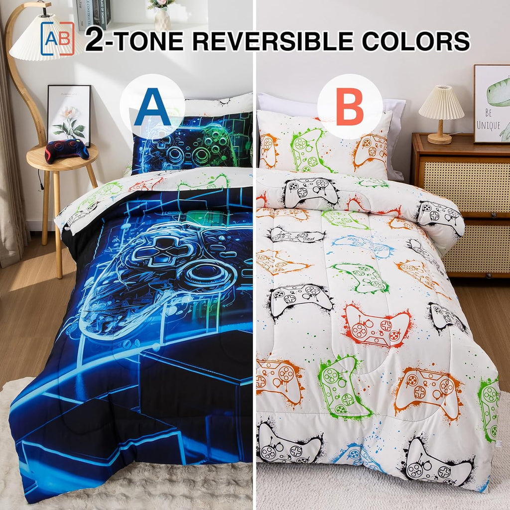 A Nice Night 5Pcs Gaming Comforter Set,Blue Green 3D Game Contoller Themed Keyboard Printing Bedding Sets for Kids Teen Boys, Reversible Comforter for All Seasons,Twin