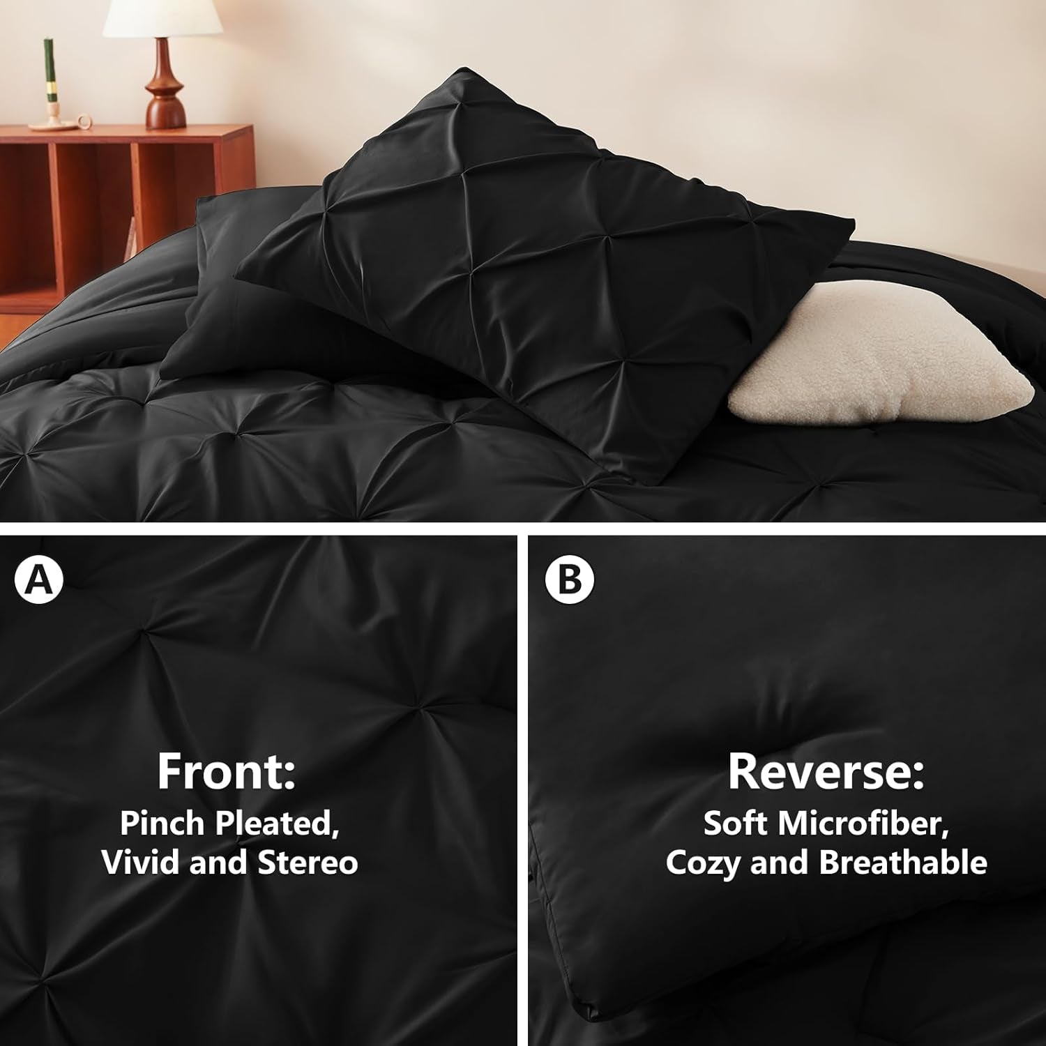 Pintuck Bed in a Bag, 7 Pieces Queen Size Comforter Set Black, Luxury Pinch Pleat Bed in a Bag, Soft All Season Bedding Sets with Comforter, Flat Sheet, Fitted Sheet and Pillowcases & Shams