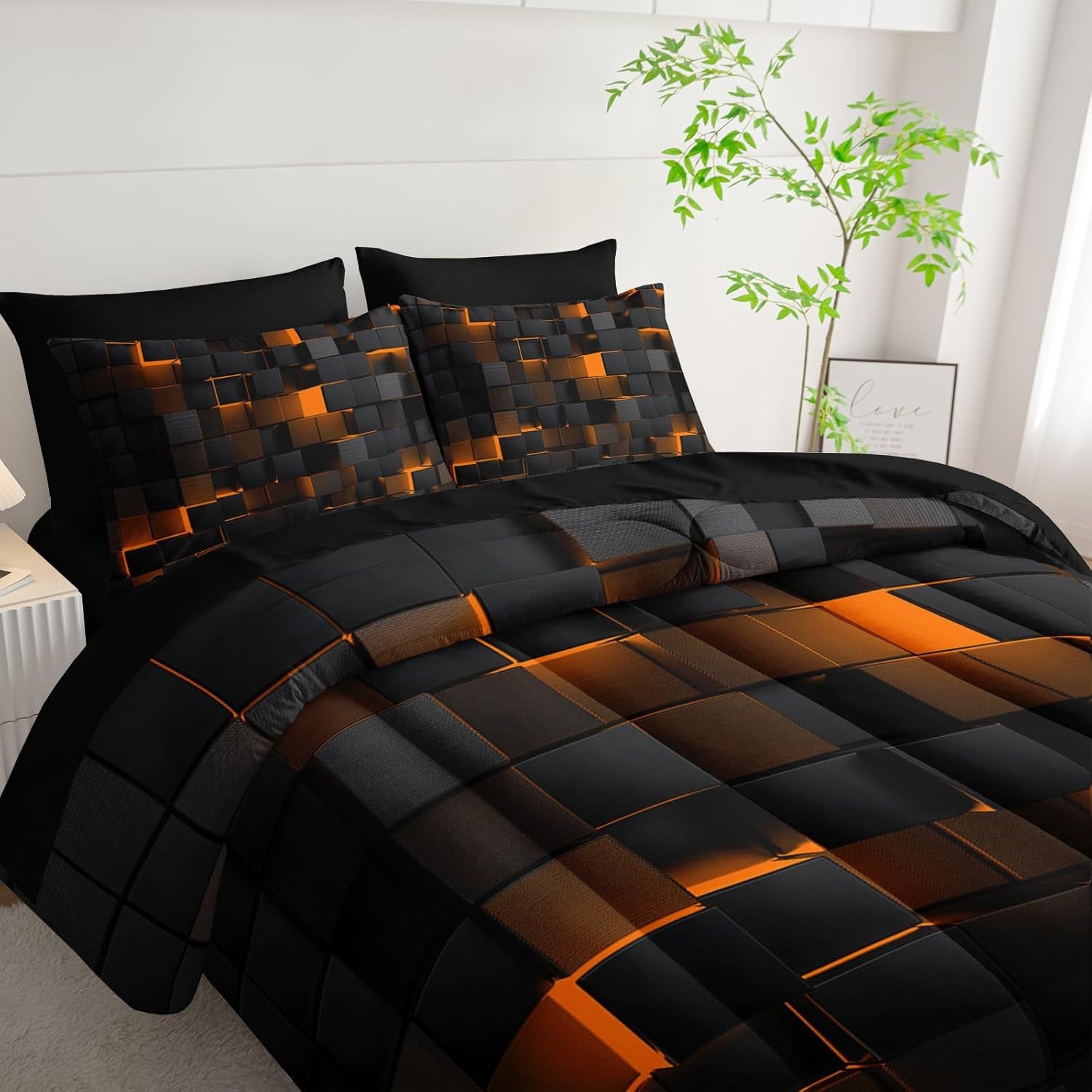 Nttopship Geometric Yellow Black King Comforter Set,Light Honeycomb Bedding Set 7 Piece in a Bag,Bed Sheet Set Geometry Decor,Microfiber Lightweight All Season