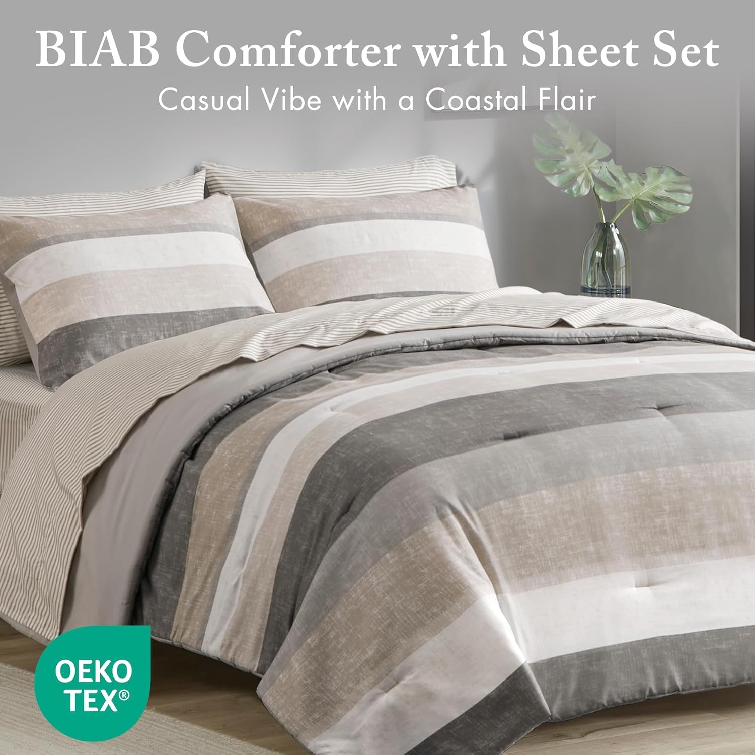 Madison Park Essentials Queen Comforter Set, Bed in a Bag Comforter & Sheet Set, Modern Casual Stripes Print, All Seasons, Soft Microfiber Bedding Makeover, Matching Shams, Queen Taupe/Grey 7 Piece