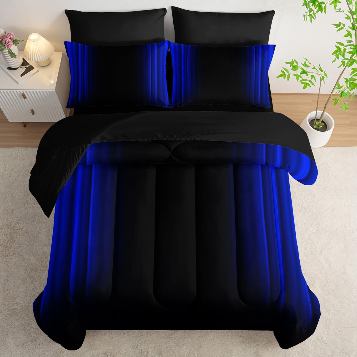 Nttopship Blue and Black Bedding Set Full Size Abstract Ombre Comforter Set Bedding Set 7 Piece in a Bag,Dark Quilt Set Mordern Art Decor All Seasons with Pillowcases,Flat, Fitted Sheet
