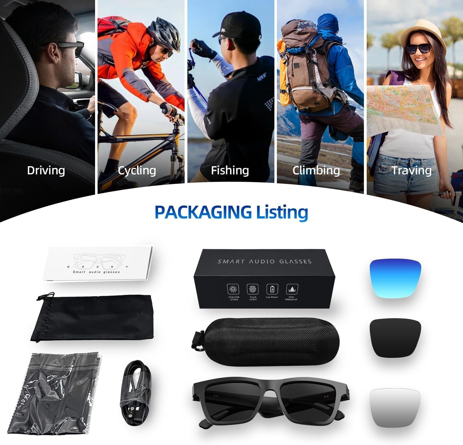 Smart Glasses for Men and Women, with Chat GPT, AI Bluetooth Translation Glasses with 164 Languages, & Blue Lens&Color Change Lens&Black Lens, UV 400 Protection for Daily Use, Travel
