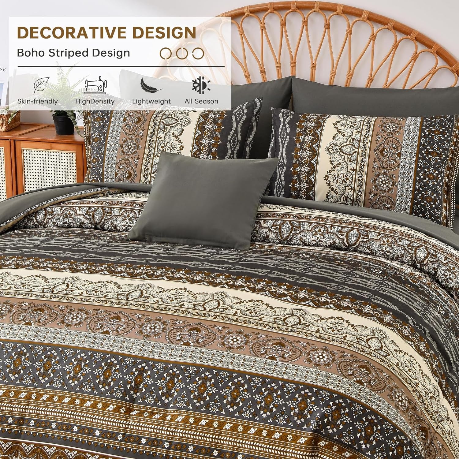 Cottolester Boho Queen Comforter Set 8 Pieces,Brown Black Bohemian Comforter Paisley Striped Bed in a Bag,Soft Microfiber Bedding Set for All Season