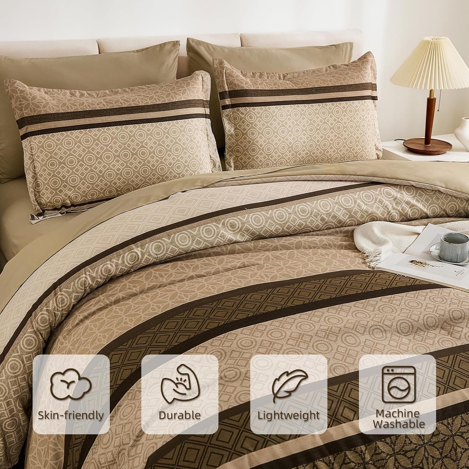WONGS BEDDING 7 Pieces Comforter Set Queen Size, Brown Striped Bed in a Bag Comforter and Sheet Set, Minimalist Geometric Soft Lightweight Micorfiber Bedding Set for All Season (90"×90")