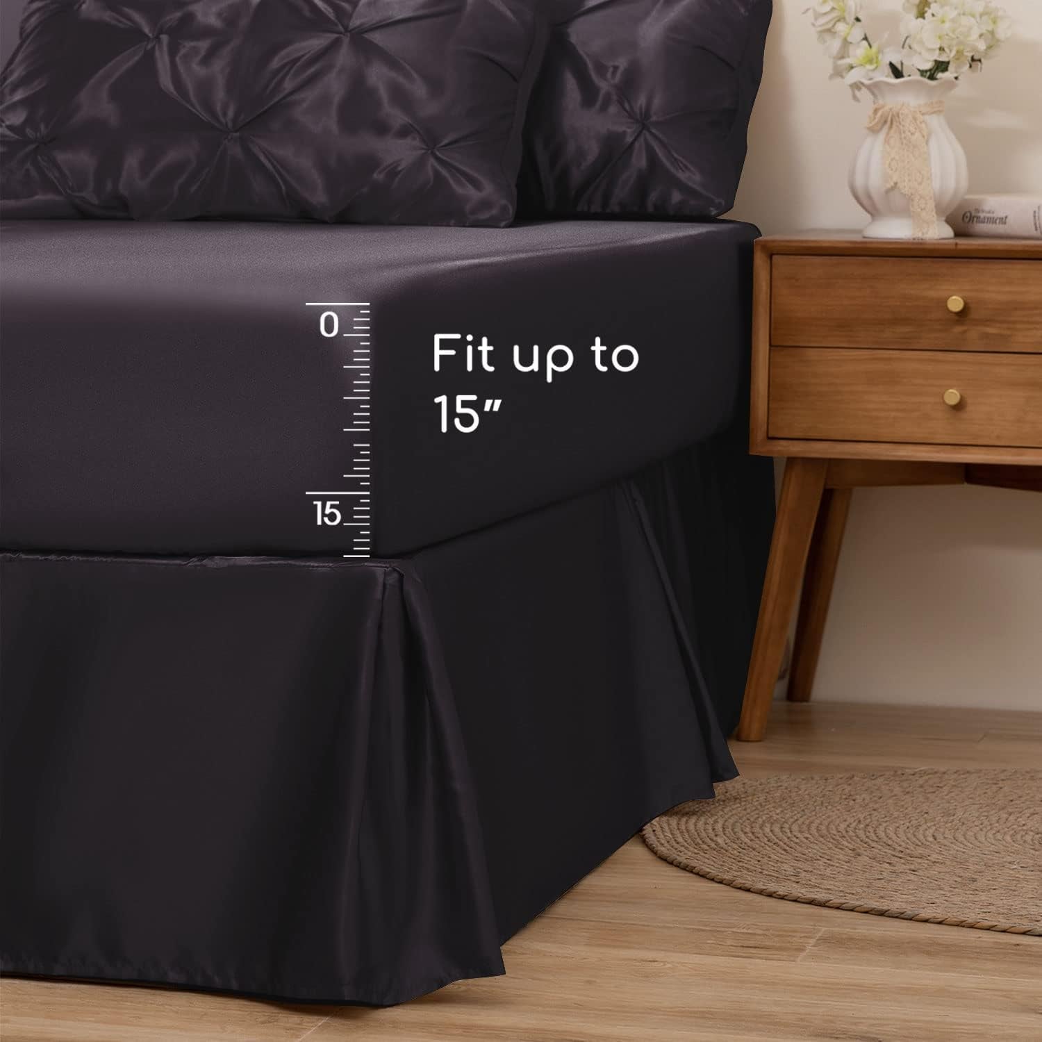 MR&HM Satin Comforter Queen 7 Pieces - Luxurious Pinch Pleat Bedding Set with Comforter, Flat Sheet, Fitted Sheet, Pillowcases & Shams, Super Silky Soft Bed Set for All Season (Queen, Black)