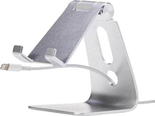 Adjustable Aluminum Phone Stand for Cell Phones, Iphone and Android, Desktop Phone Holder with Adjustable Angle, Hands-Free Viewing, 3.15 X 2.87 X 3.74 Inch, Silver
