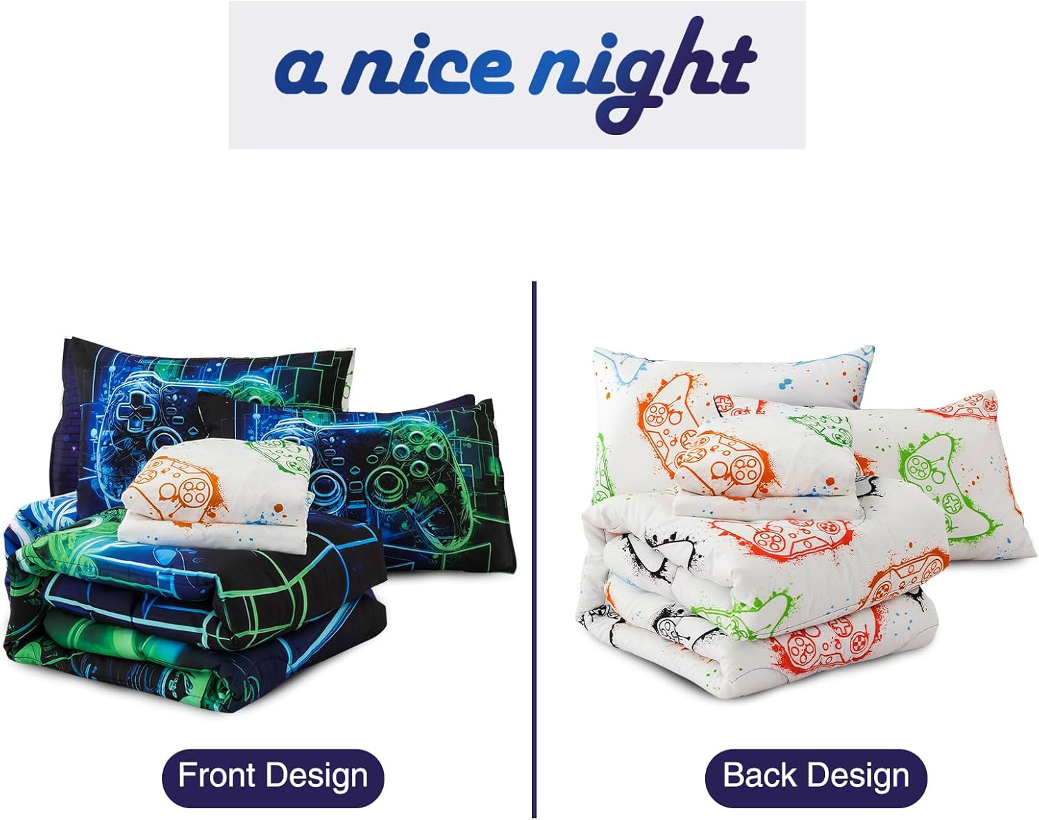 A Nice Night 5Pcs Gaming Comforter Set,Blue Green 3D Game Contoller Themed Keyboard Printing Bedding Sets for Kids Teen Boys, Reversible Comforter for All Seasons,Twin