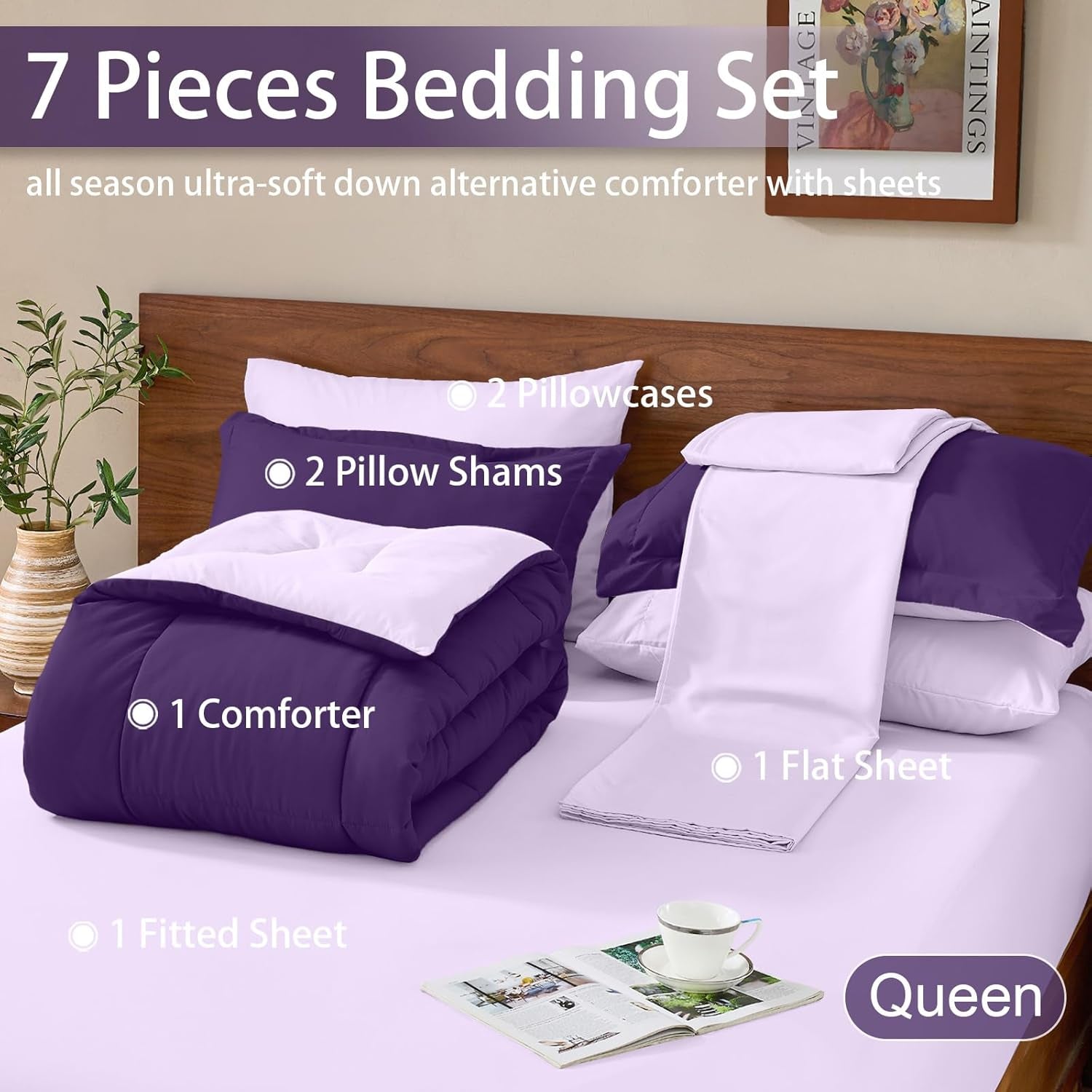 FUANNA Queen Size Comforter Set 7 PCS, Reversible Bed in a Bag Queen with All Season Soft Comforter, Bedding Set Includes Comforter, Flat Sheet, Fitted Sheet, Pillowcases & Shams, Deep Purple/Lavender