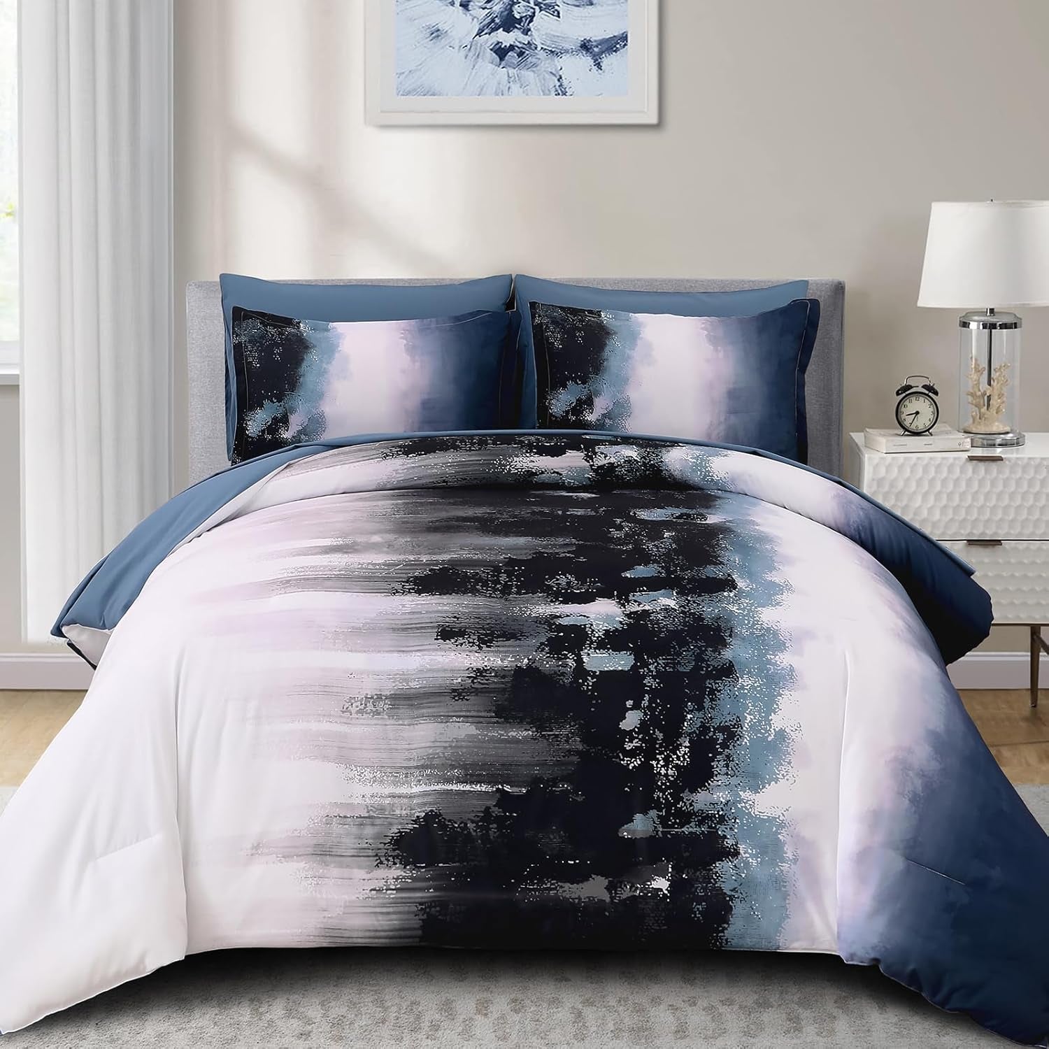 Dinjoy Ombre Blue Comforter Set King Size Gradient Navy Blue Black Boho Bedding Set for Teen Men Women 7 Pieces Bed in a Bag Bohemian Bed Set with Comforter, Sheets, Pillowcases & Shams