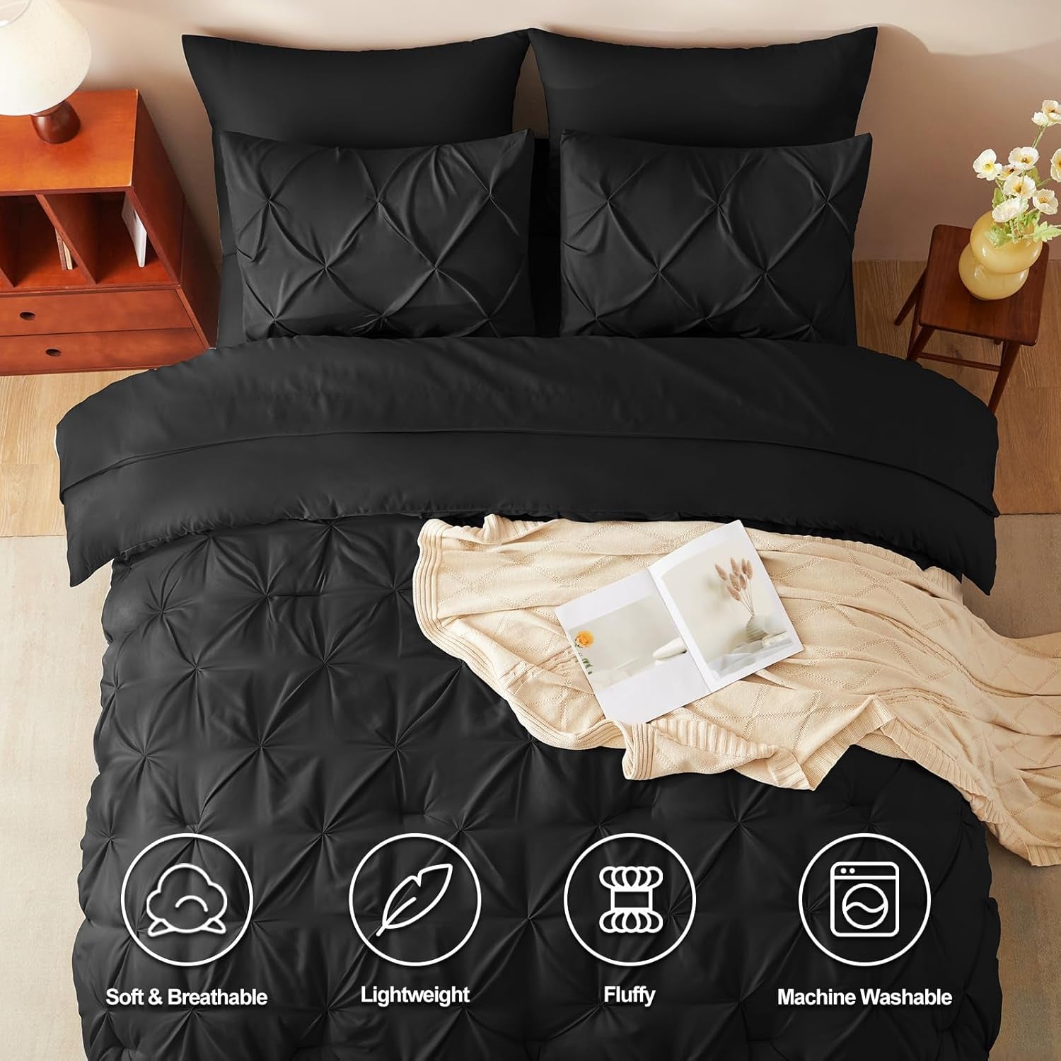 Pintuck Bed in a Bag, 7 Pieces Queen Size Comforter Set Black, Luxury Pinch Pleat Bed in a Bag, Soft All Season Bedding Sets with Comforter, Flat Sheet, Fitted Sheet and Pillowcases & Shams