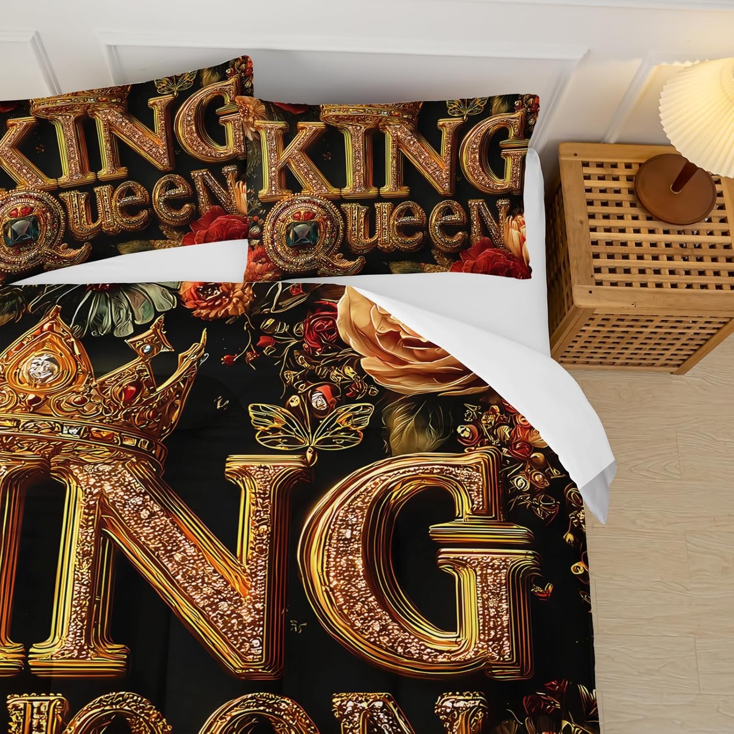 King and Queen Comforter Set Black and Gold，King and Queen Bedding Set，Red Floral Quilt Set Queen Size，With 1 Comforter with 2 Pillow Case
