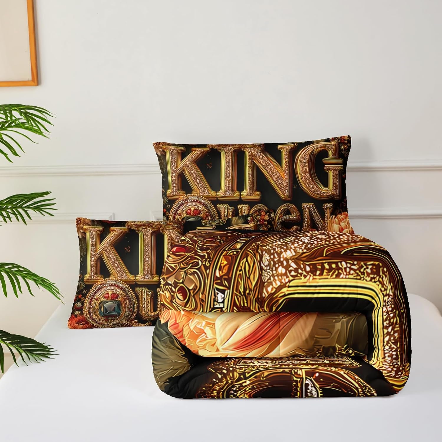 King and Queen Comforter Set Black and Gold，King and Queen Bedding Set，Red Floral Quilt Set Queen Size，With 1 Comforter with 2 Pillow Case