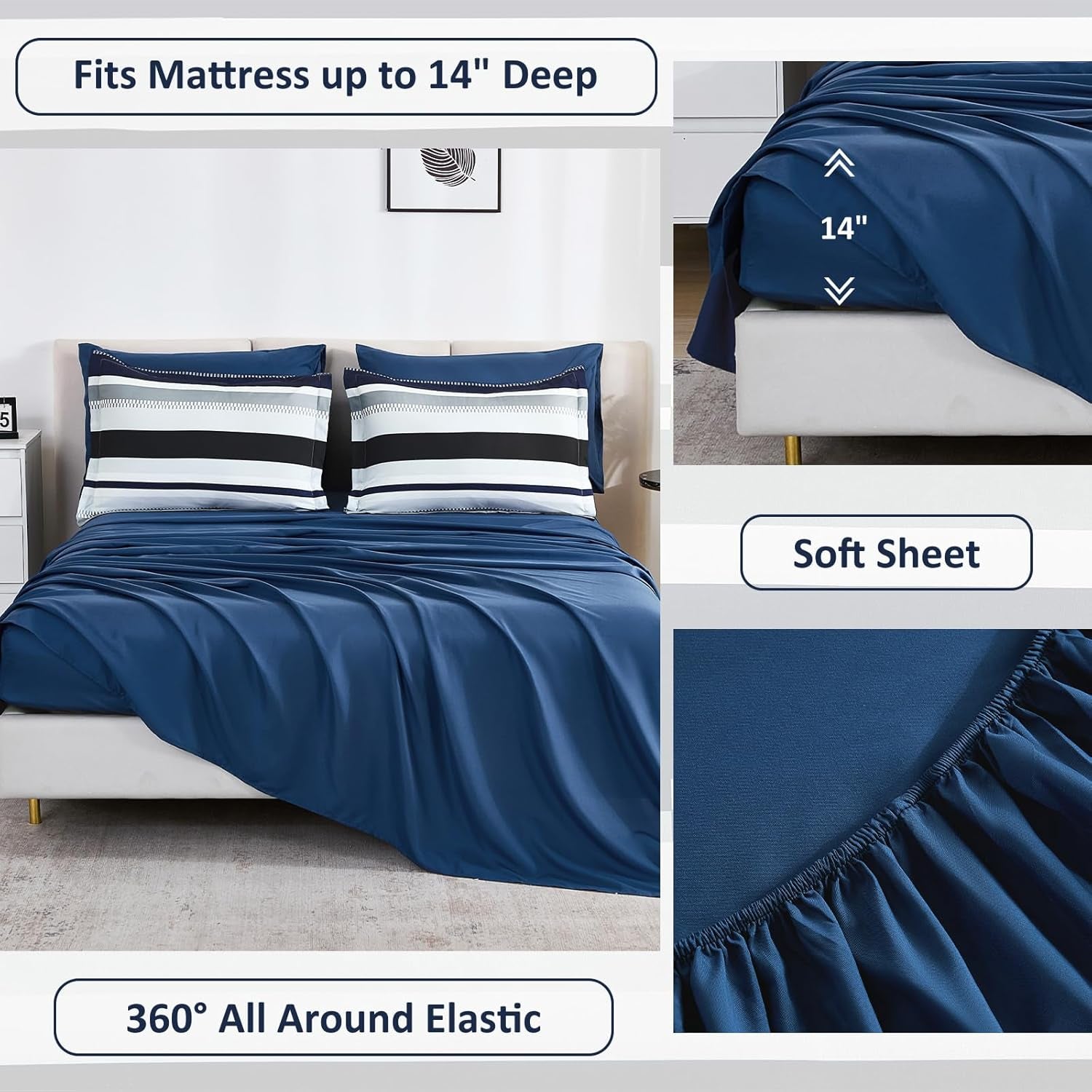 WONGS BEDDING Queen Comforter Set, 7 Pieces Navy Blue Comforter Set Queen Size, Soft Striped Bed in a Bag Bedding Set with Comforter, Flat Sheet, Fitted Sheet, Pillow Shams, Pillowcase