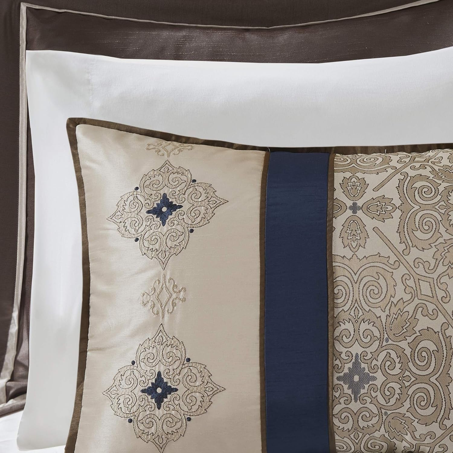 Madison Park Essentials Delaney 24-Piece Room in a Bag Comforter Set-Satin Jacquard All Season Luxury Bedding, Sheets, Decorative Pillows and Curtains, Valance, Queen (90 in X 90 In), Medallion Navy